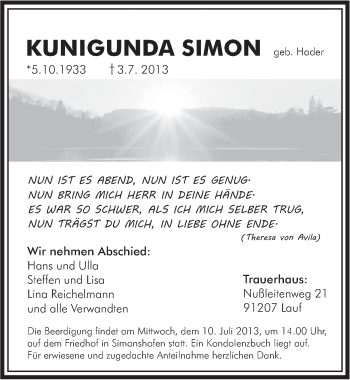 Traueranzeige von Kunigunda Simon von Pegnitz-Zeitung